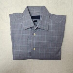 David Donahue Shirt Mens 16.5 36/37 Blue Houndstooth Plaid Trim Dress Work